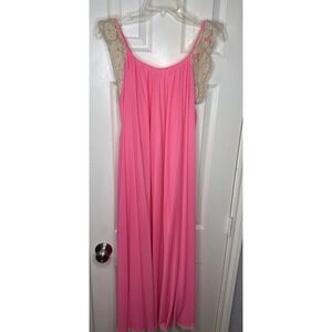 Vintage Hot Pinkish Coral Nylon Nightgown Maxi Slip Dress Babydoll